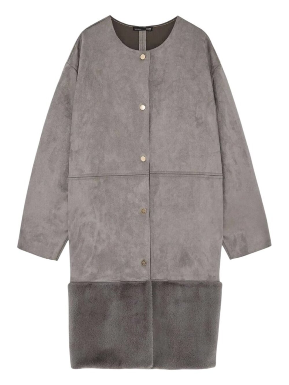 Zara Faux Suede Contrast Faux Fur Hem Longline Coat Jacket Grey Medium​